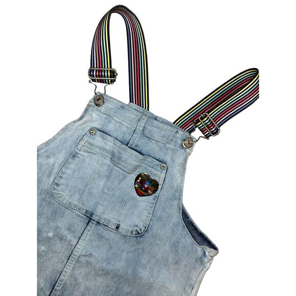 Jordache Girls Blue Jean Denim Bib Jumper Dress Size XL 14/16 Adj Rainbow Straps - Picture 2 of 4